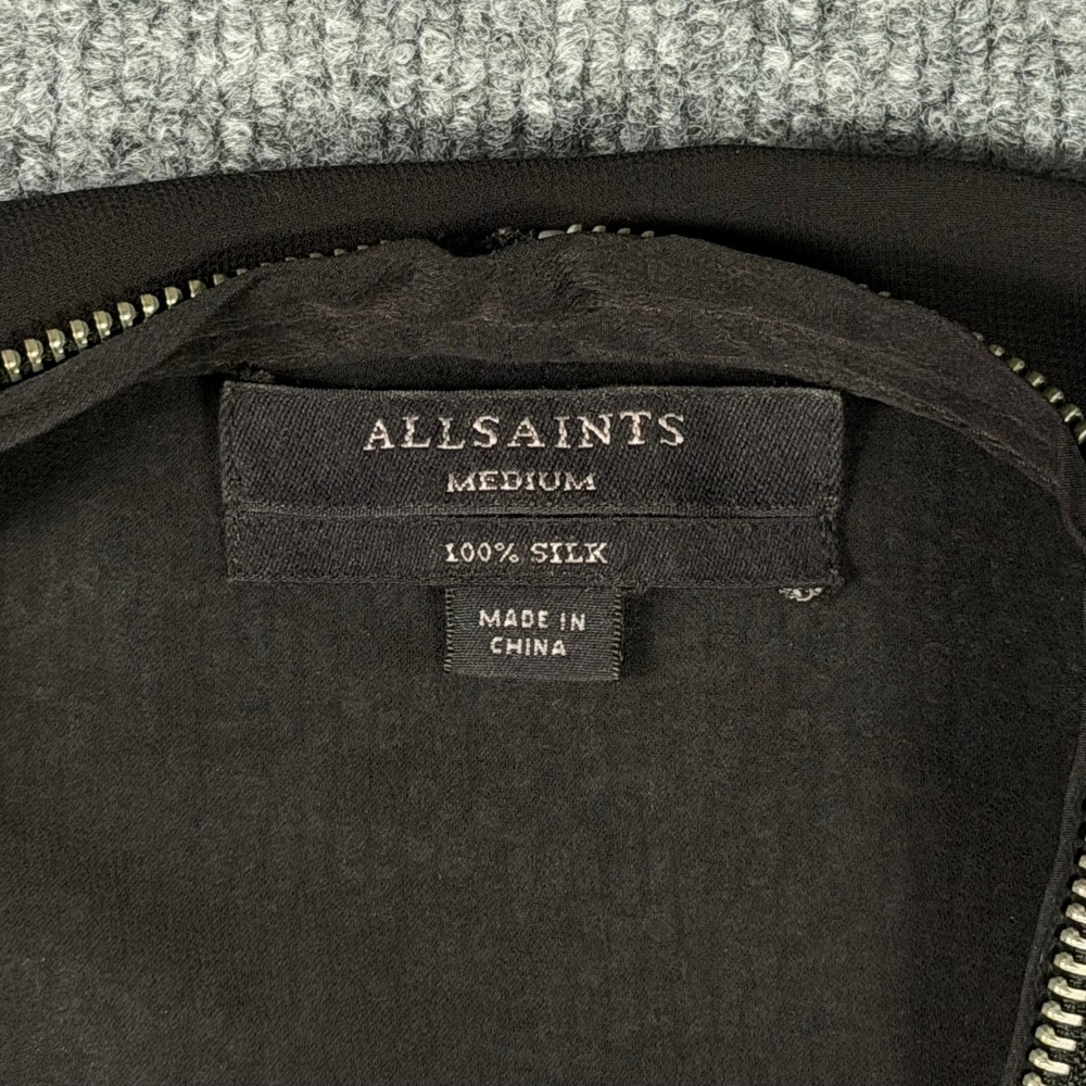 AllSaints Silk Sleeveless Zip Front Top Womens Medium Black Draped Asymmetrical - Picture 3 of 13